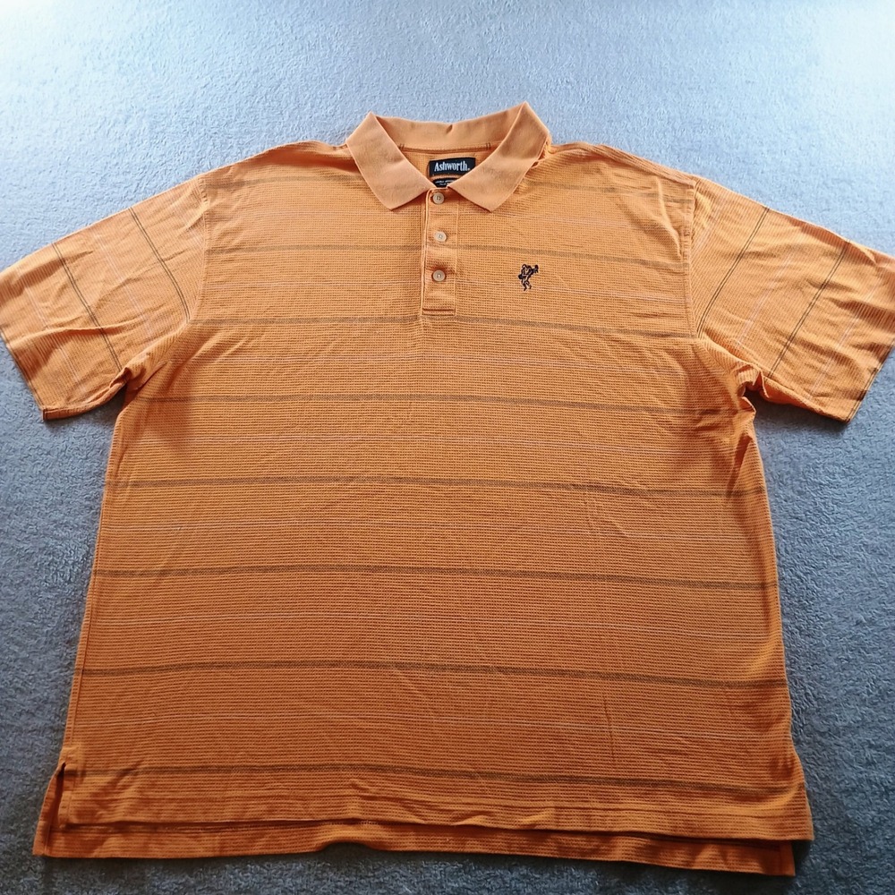 Ashworth Men Polo Shirt Orange XL‎ Double Mercerized Cotton Striped Golf Shirt